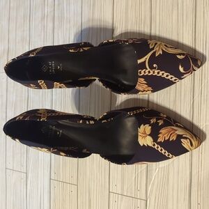 Versace Style Call It Spring Black/Gold Satin Gold Metal Heeled Stilettos Sz 8